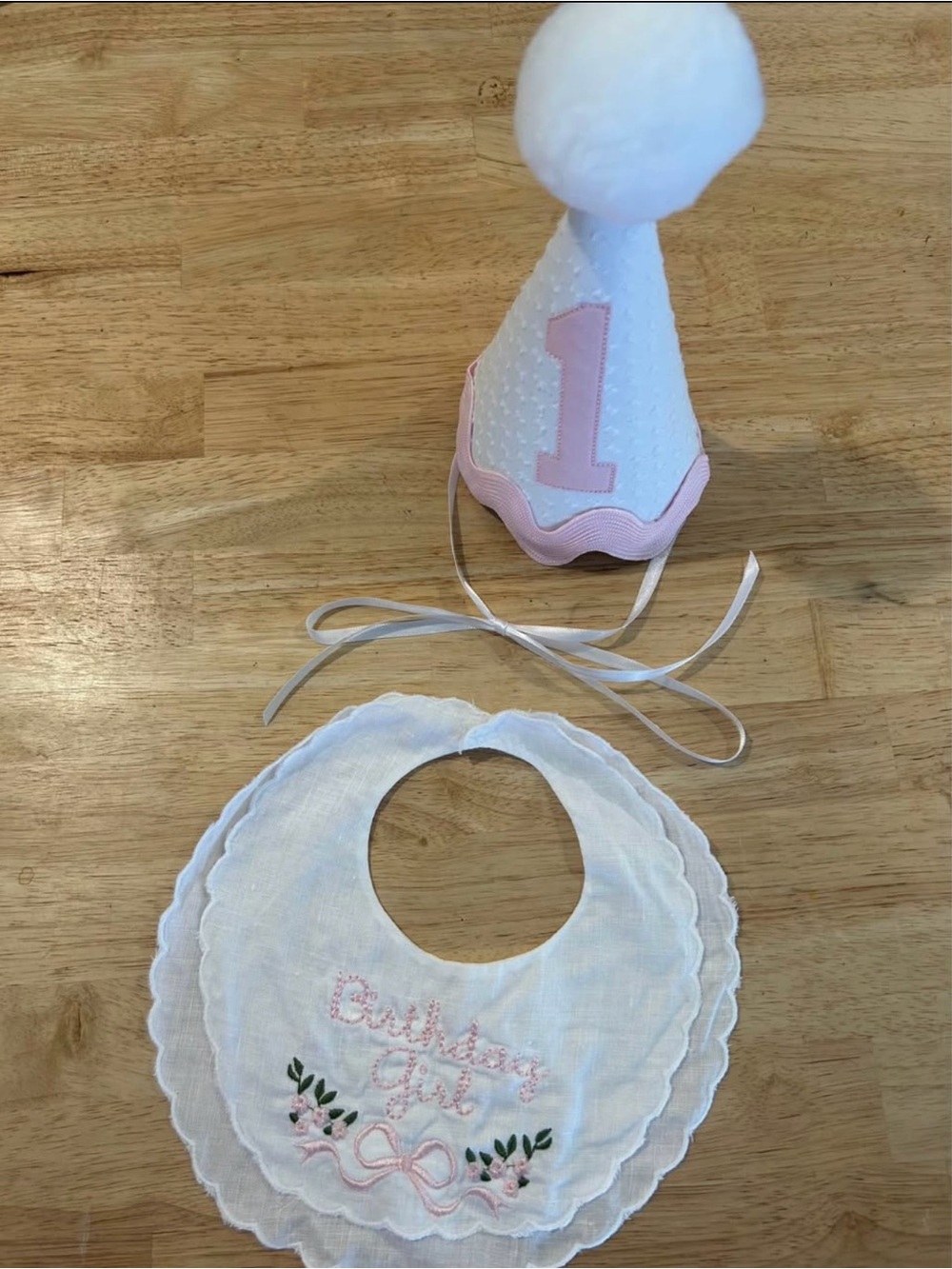 Pink & White First Birthday Party Hat and Bib Set